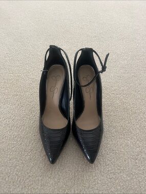 Jessica Simpson Snakeskin Embossed Pointed Toe Ankle Strap Pumps